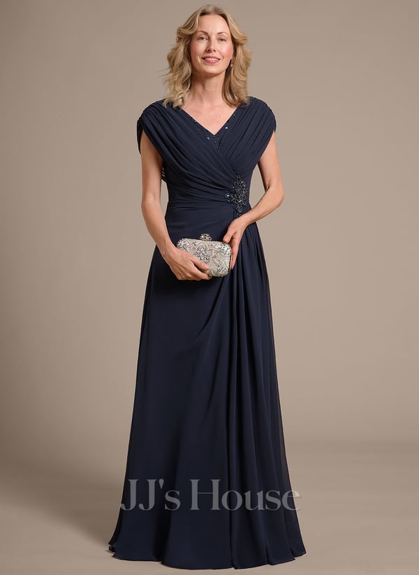 A-line V-Neck Floor-Length Chiffon Mother of the Bride Dress With Pleated Sequins Beading