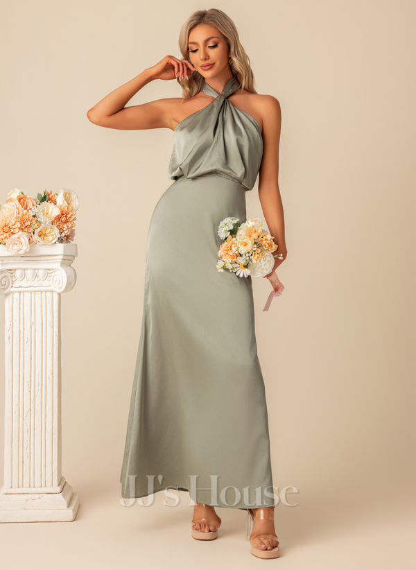 Halter Sleeveless A-line Satin Maxi Dress