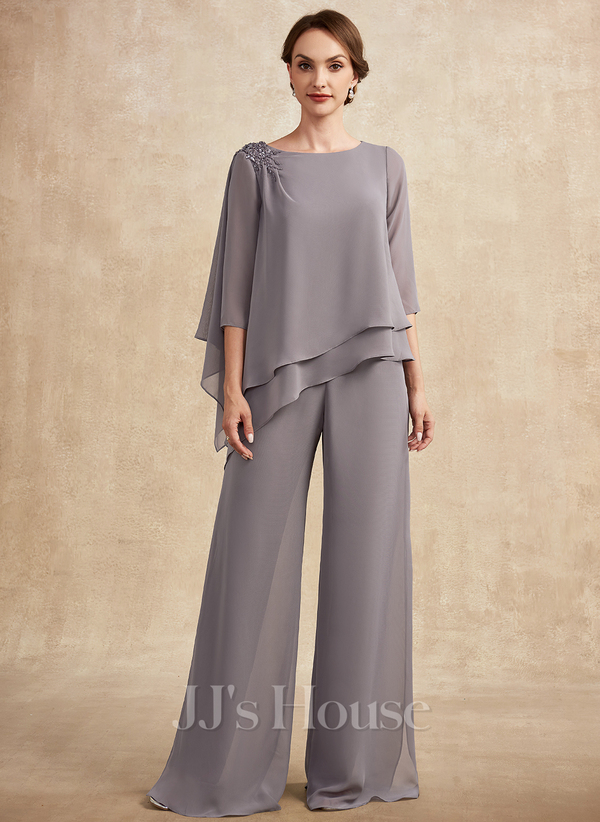 Pantsuits Separates Scoop Floor-Length Chiffon Mother of the Bride Dress With Beading