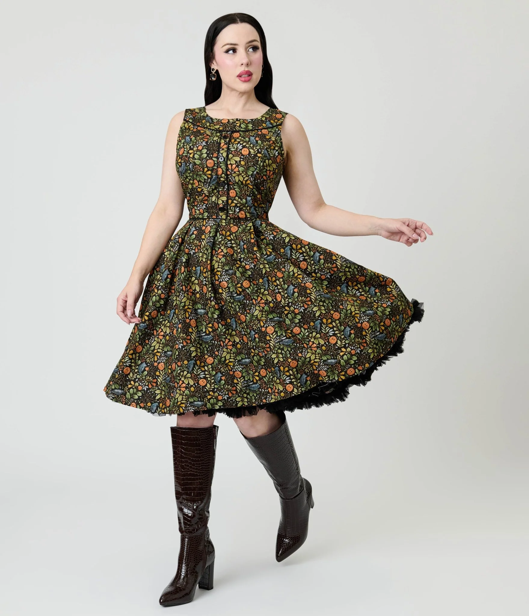 Retrolicious Black Fall Pumpkin Elizabeth Cotton Swing Dress