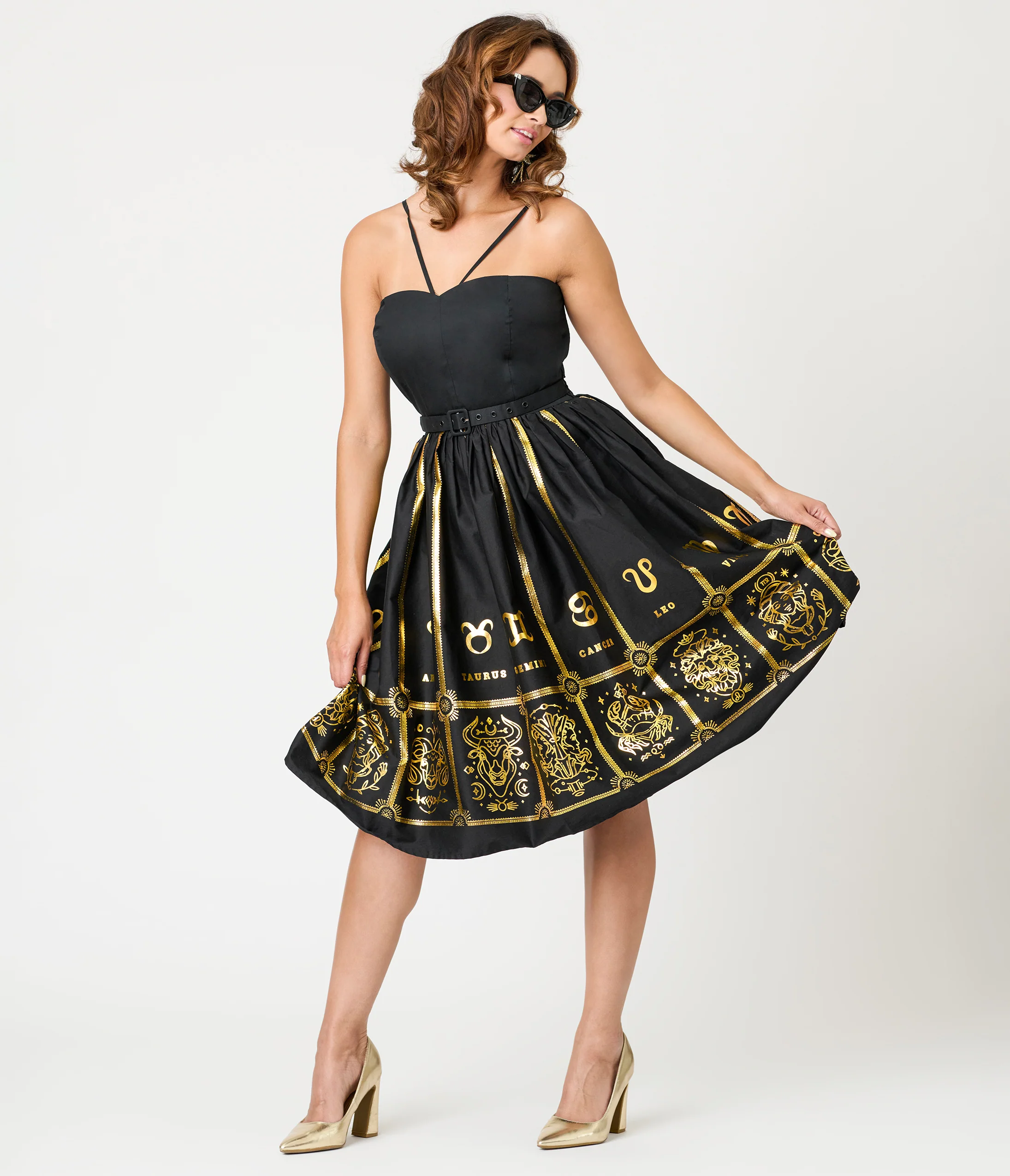 Unique Vintage Black & Gold Astrological Chart Sweetheart Halter Swing Dress