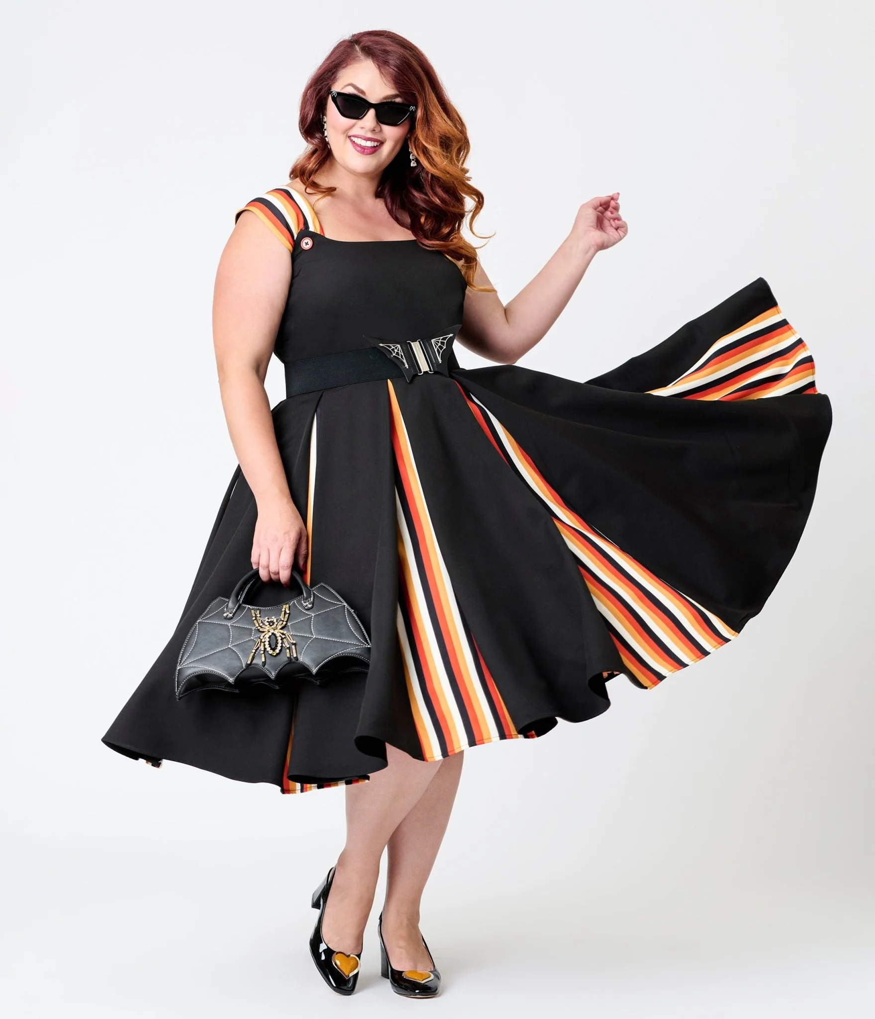 Unique Vintage Plus Size Black Halloween Stripe Swing Dress
